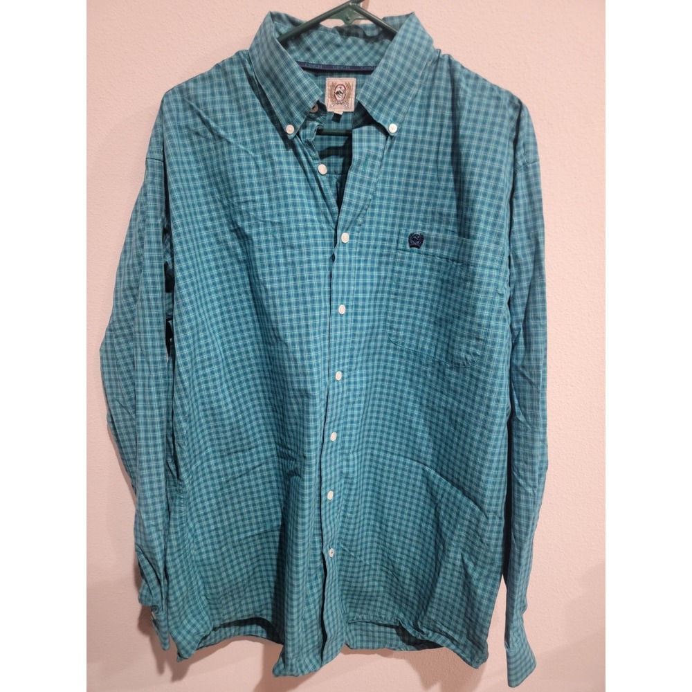 Cinch  button down long sleeve western shirt:‎ Teal/blue plaid print Men's L
